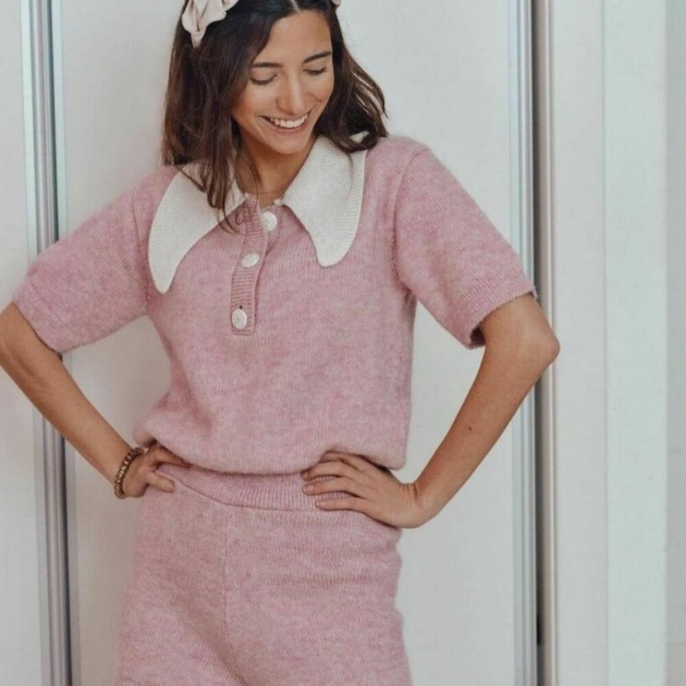 Zara Knit Jumpsuit Romper with Collar Pink Medium